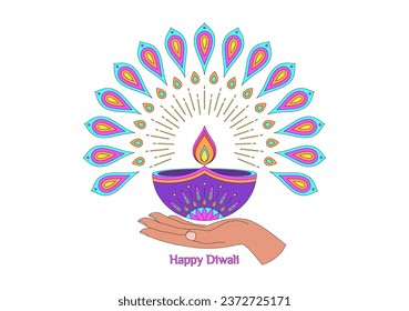 Colorful Diya with flame and light rays, human hand, abstract peacock feathers. Deepavali oil candle, colorful Diya lamp with lotus flower pattern. Happy Diwali, Festival of the Lights in India.