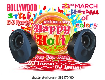 Colorful DJ party background for Holi celebration. Spring festival of colors. Non stop music. Bollywood style party. Vector illustration