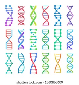 Colorful DNA icon. ADN structure spiral, deoxyribonucleic acid medical research and human biology genetics code. Chemistry adn or biology genome dna molecule. Vector isolated icons set