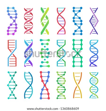Colorful DNA icon. ADN structure spiral, deoxyribonucleic acid medical research and human biology genetics code. Chemistry adn or biology genome dna molecule. Vector isolated icons set