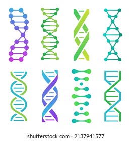 Iconos de ADN coloridos. Estructura de molécula espiral para investigación científica. Código genético humano con información. Examen médico o microbiológico, conjunto de vectores aislados de genes helix microscópicos