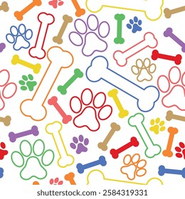 Colorful Dog Bones and Footprint Pattern - Small and Large Colored Bones and Paws on White Background. Seamless Link.