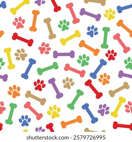 Colorful Dog Bones and Paws Pattern - Messy Colored Bones and Footprints on White Background. Seamless Link.