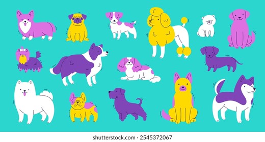 Colorful dog breeds set. Cartoon vector dogs collection. Bright funny dogs bundle.