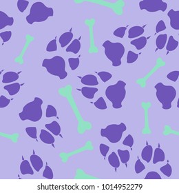 Colorful dog or cat footprint and bone vector seamless pattern. Colored paw bone seamless template, isolated on contrast background. Drawn silhouette clipart for web purposes or placard print.