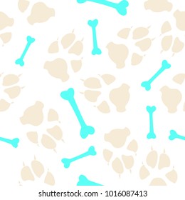 Colorful dog or cat footprint and bone vector seamless pattern. Trendy paw bone seamless template, isolated on white backdrop. Drawn silhouette clipart for business purposes or wallpaper print.