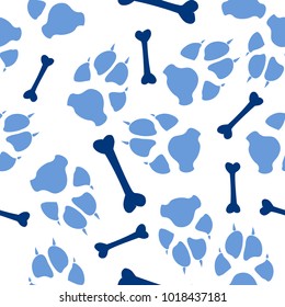 Colorful dog or cat footprint and bone vector seamless pattern. Contrast paw bone seamless template, isolated on white backdrop. Drawn silhouette clipart for business purposes or cover print.