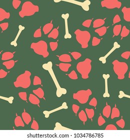 Colorful dog or cat footprint and bone vector seamless pattern. Cool paw bone seamless template, isolated on contrast background. Drawn silhouette clipart for corporate purposes or cover print.