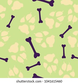 Colorful dog or cat footprint and bone vector seamless pattern. Colored paw bone seamless template, isolated on contrast background. Drawn silhouette clipart for web purposes or cover print.