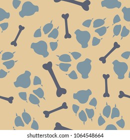 Colorful dog or cat footprint and bone vector seamless pattern. Sweet paw bone seamless template, isolated on contrast backdrop. Drawn silhouette clipart for web purposes or holiday print.