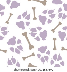 Colorful dog or cat footprint and bone vector seamless pattern. Colorful paw bone seamless template, isolated on white background. Drawn silhouette clipart for web purposes or textile print.