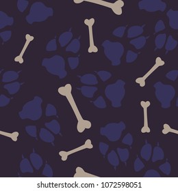 Colorful dog or cat footprint and bone vector seamless pattern. Cool paw bone seamless template, isolated on contrast background. Drawn silhouette clipart for business purposes or holiday print.