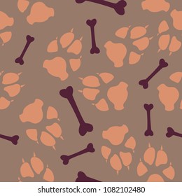 Colorful dog or cat footprint and bone vector seamless pattern. Cute paw bone seamless template, isolated on contrast background. Drawn silhouette clipart for business purposes or holiday print.