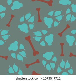 Colorful dog or cat footprint and bone vector seamless pattern. Sweet paw bone seamless template, isolated on contrast backdrop. Drawn silhouette clipart for marketing purposes or holiday print.