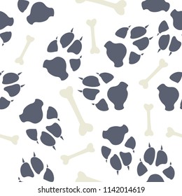 Colorful dog or cat footprint and bone vector seamless pattern. Cute paw bone seamless template, isolated on white backdrop. Drawn silhouette clipart for business purposes or wallpaper print.