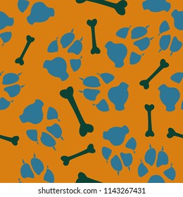 Colorful dog or cat footprint and bone vector seamless pattern. Sweet paw bone seamless template, isolated on contrast backdrop. Drawn silhouette clipart for corporate purposes or wallpaper print.