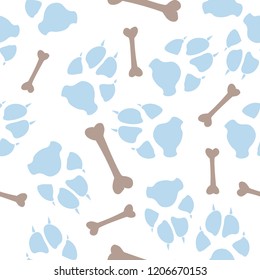 Colorful dog or cat footprint and bone vector seamless pattern. Trendy paw bone seamless template, isolated on white background. Drawn silhouette clipart for marketing purposes or textile print.