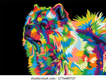 Colorida vaca de perro masticando el estilo de arte pop wpap fondo negro aislado