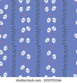 Colorful dog footprint and bone path seamless pattern. Cool paw bone seamless template, isolated on contrast color background. Drawn silhouette vector for marketing purposes or cover print.