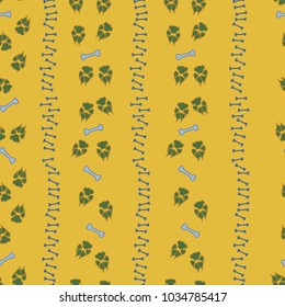 Colorful dog footprint and bone path seamless pattern. Colored paw bone seamless template, isolated on contrast color backdrop. Drawn silhouette vector for marketing purposes or wallpaper print.