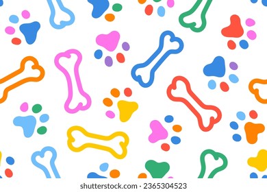 Colorful dog footprint with bone pattern. Dog paw doodle Seamless pattern vector wallpaper background.