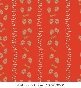 Colorful dog footprint and bone trail seamless pattern. Cute paw bone seamless template, isolated on contrast color backdrop. Drawn silhouette vector for web purposes or wallpaper print.