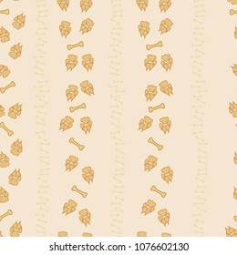 Colorful dog footprint and bone trail seamless pattern. Sweet paw bone seamless template, isolated on contrast color background. Drawn silhouette vector for corporate purposes or placard print.