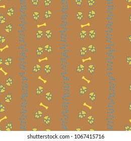Colorful dog footprint and bone trek seamless pattern. Cool paw bone seamless template, isolated on contrast color background. Drawn silhouette vector for marketing purposes or textile print.