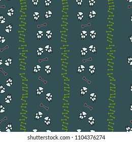 Colorful dog footprint and bone trek seamless pattern. Cute paw bone seamless template, isolated on contrast color background. Drawn silhouette vector for marketing purposes or flyer print.