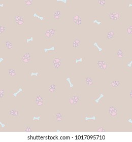 Colorful dog footprint and bone vector seamless pattern. Colored paw bone seamless template, isolated on contrast color backdrop. Drawn silhouette clipart for marketing purposes or flyer print.