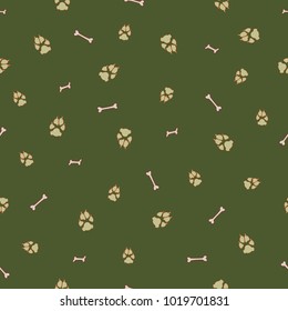 Colorful dog footprint and bone vector seamless pattern. Trendy paw bone seamless template, isolated on contrast color backdrop. Drawn silhouette clipart for corporate purposes or placard print.