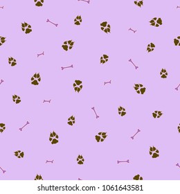 Colorful dog footprint and bone vector seamless pattern. Trendy paw bone seamless template, isolated on contrast color backdrop. Drawn silhouette clipart for business purposes or textile print.
