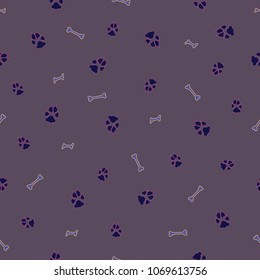 Colorful dog footprint and bone vector seamless pattern. Cool paw bone seamless template, isolated on contrast color background. Drawn silhouette clipart for business purposes or holiday print.