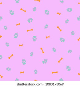 Colorful dog footprint and bone vector seamless pattern. Colored paw bone seamless template, isolated on contrast color backdrop. Drawn silhouette clipart for web purposes or invitation print.