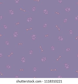 Colorful dog footprint and bone vector seamless pattern. Sweet paw bone seamless template, isolated on contrast color background. Drawn silhouette clipart for marketing purposes or cover print.