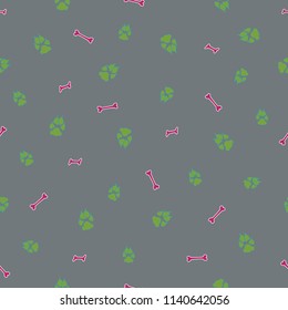 Colorful dog footprint and bone vector seamless pattern. Cool paw bone seamless template, isolated on contrast color backdrop. Drawn silhouette clipart for corporate purposes or textile print.