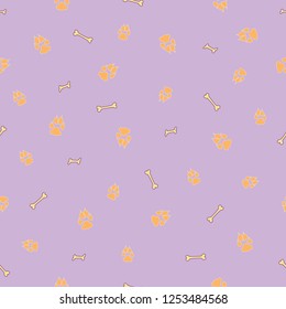 Colorful dog footprint and bone vector seamless pattern. Colored paw bone seamless template, isolated on contrast color backdrop. Drawn silhouette clipart for business purposes or wallpaper print.