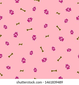 Colorful dog footprint and bone vector seamless pattern. Colored paw bone seamless template, isolated on contrast color background. Drawn silhouette clipart for marketing purposes or brochure print.
