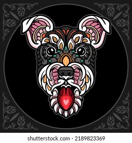 Colorful Dog head zentangle arts isolated on black background