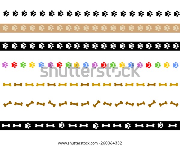 Colorful dog paw prints and dog bone divider\
collection on white\
background