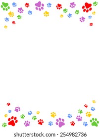 Colorful dog paw prints top and bottom border / header and footer on white background