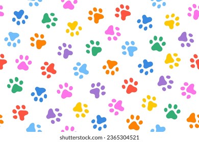 Colorful dog paw seamless pattern. Footprint dog doodle with fun colors.
