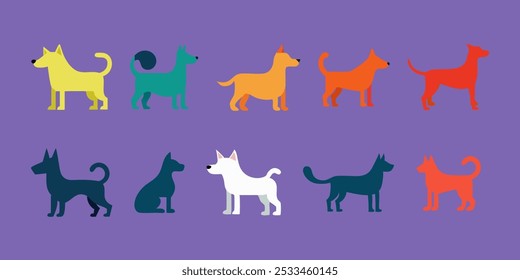 Conjunto de Vector de siluetas de perro colorido. Iconos de animales planos