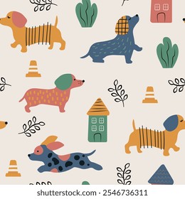 Colorful dogs seamless pattern. Cute dogs in the city.  