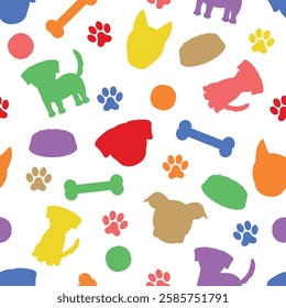 Colorful Dogs Silhouette Pattern - Messy Colored Silhouettes of Dogs, Dog Food, Bones, Balls and Paws. Seamless Link.