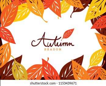 Colorful dogwood leaves around the frame on white background with hand written font 