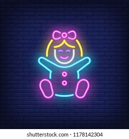 Colorful doll neon sign. Childhood, entertainment and advertisement design. Night bright neon sign, colorful billboard, light banner. Vector illustration in neon style.