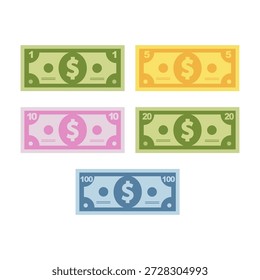 Colorido conjunto de billetes de dólar plano. Ilustración vectorial