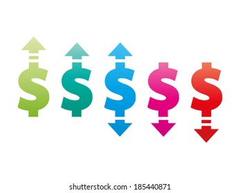 Colorful dollar up and down sign icon. Vector graphic illustration template. Isolated on white background.