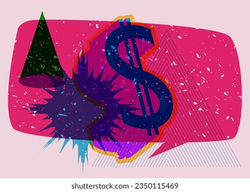 Colorful dollar sign with speech bubble and geometric shapes. Business sign in trendy riso graph design. Geometry elements abstract risograph print texture style.